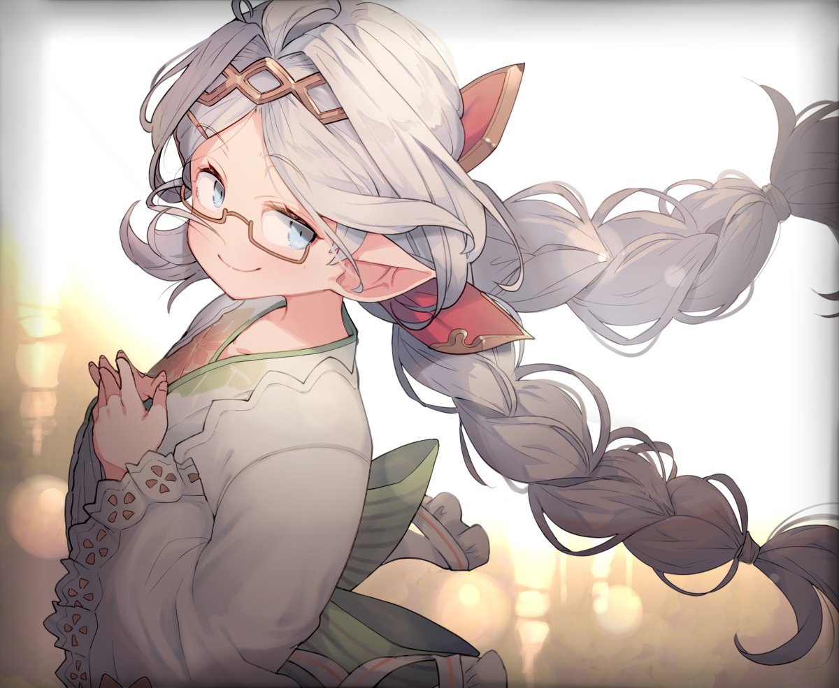 1girl, blue_eyes, braid, fingers_together, glasses, granblue_fantasy, hairband, harvin