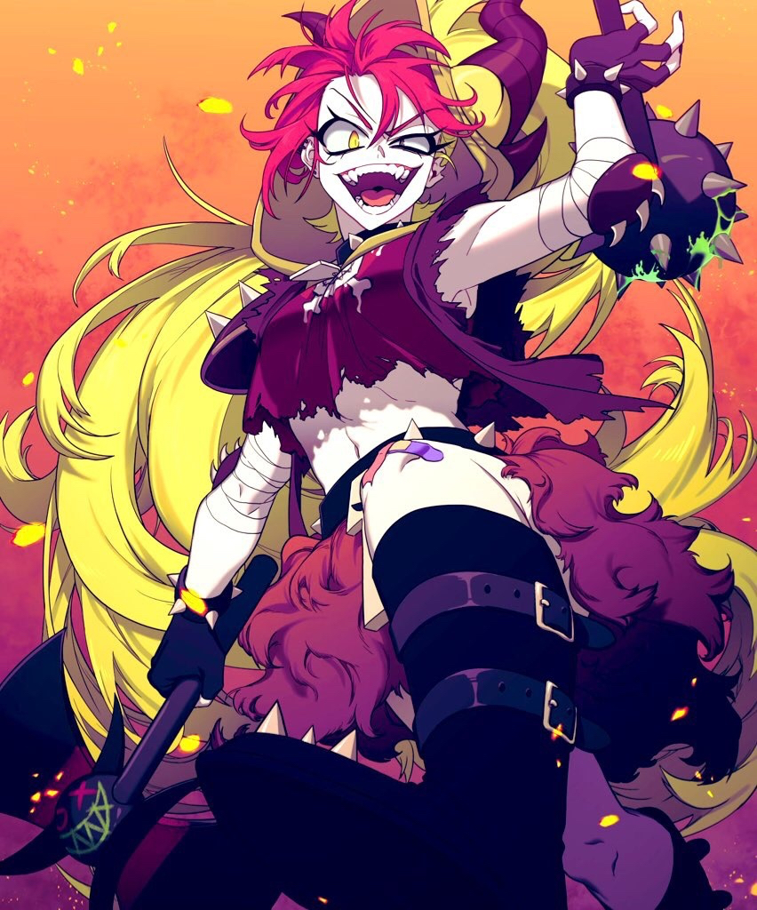 1girl, axe, bandaid, demencia, fur_skirt, hood, hoodie, horns