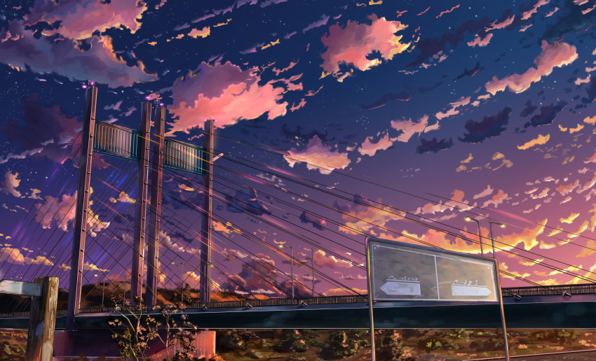absurdres, bridge, clouds, commentary_request, evening, fence, grass, highres