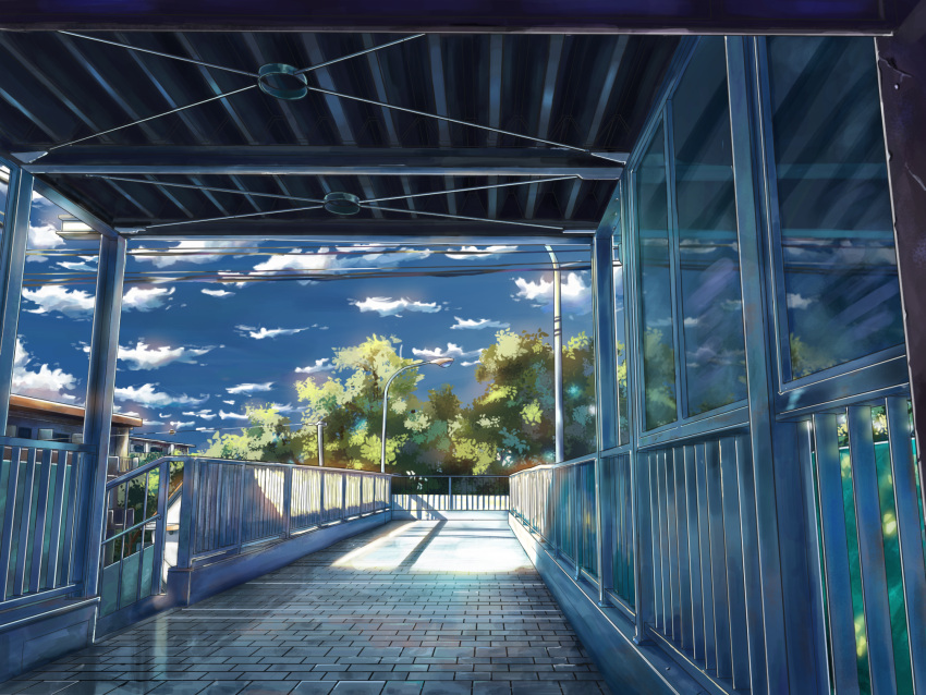blue_sky, building, clouds, commentary_request, day, fence, highres, lamppost
