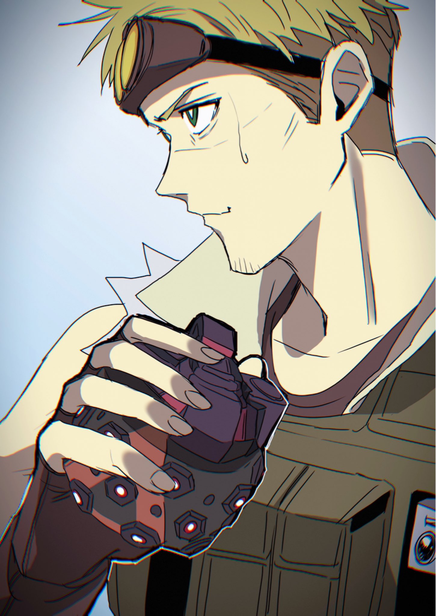 1boy, apex_legends, black_gloves, blue_background, bright_pupils, collarbone, explosive, fingerless_gloves