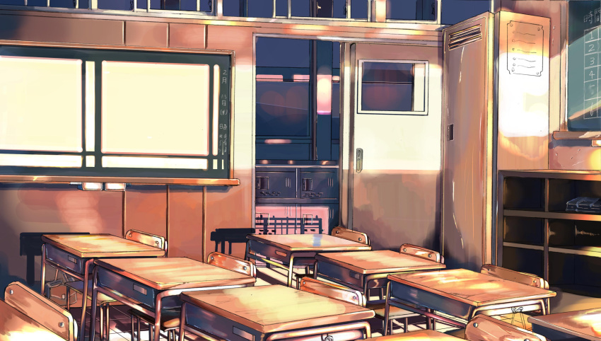 absurdres, bulletin_board, chair, chalkboard, classroom, commentary_request, day, desk