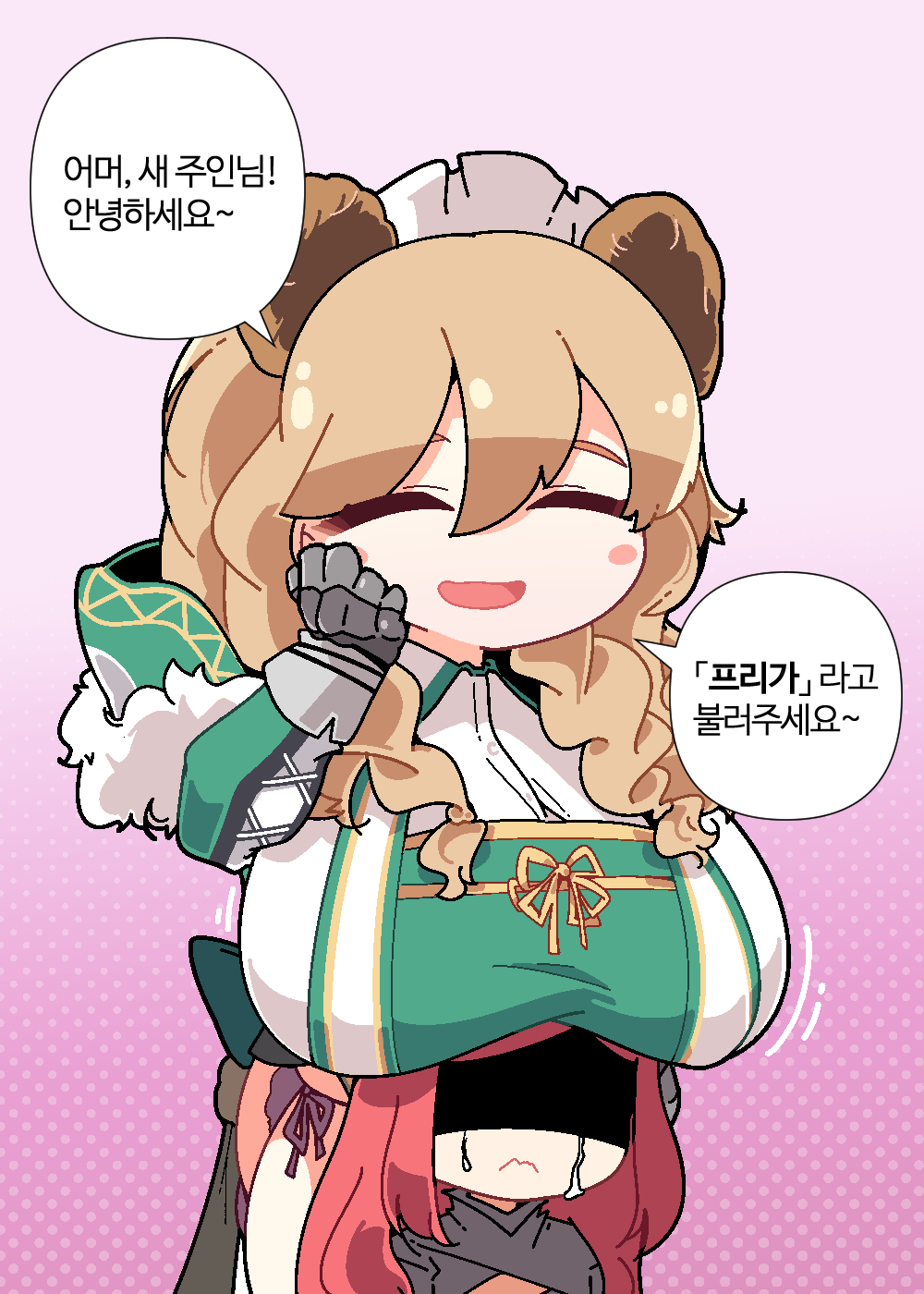 2girls, 3:, animal_ears, bear_ears, blonde_hair, blush_stickers, braid, breast_envy