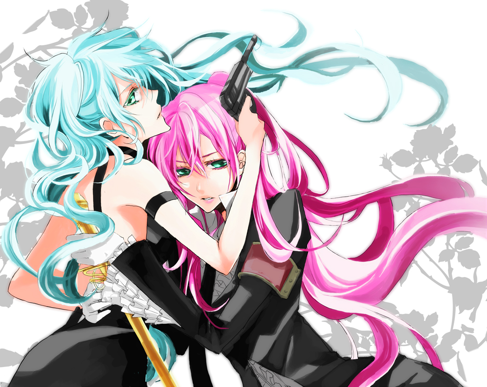 aqua_eyes, aqua_hair, black_dress, dress, gun, hanada, hatsune_miku, long_hair