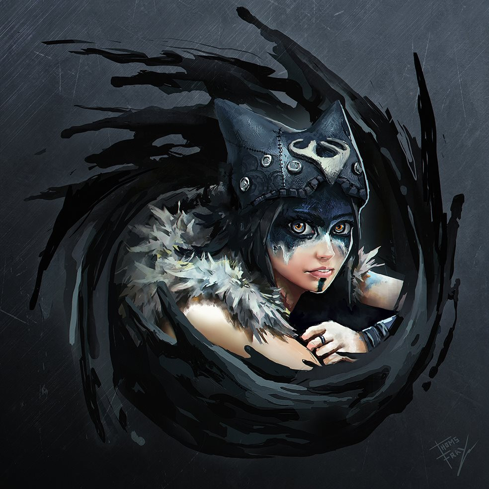1girl, blue_headwear, celtic, drawing, facepaint, fur_trim, headdress, hellblade, lips, photoshop_(medium), senua, war_paint, warrior, yellow_eyes