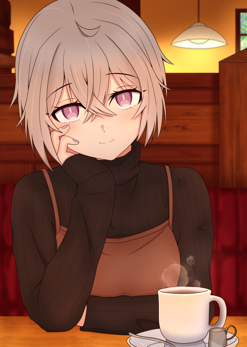 1girl, absurdres, alternate_costume, bangs, bench, brown_sweater, cafe, casual, ceiling_light, creamer_(vessel), cup, drink, girls_frontline, gotoo, hair_between_eyes, hand_on_own_cheek, hand_on_own_face, highres, interior, light_smile, long_sleeves, looking_at_viewer, m200_(girls'_frontline), pink_eyes, pink_nails, plate, sidelocks, silver_hair, sitting, solo, steam, sweater, turtleneck, turtleneck_sweater, window