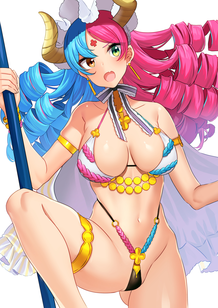 1girl, akagi_kurage, alexander_(eiyuu_senki), blue_hair, breasts, brown_eyes, collarbone, curly_hair, earrings, eiyuu_senki, facial_mark, forehead_mark, green_eyes, heterochromia, highres, holding, holding_staff, horns, jewelry, large_breasts, long_hair, multicolored_hair, navel, pink_hair, revealing_clothes, shiny, shiny_skin, simple_background, solo, staff, standing, standing_on_one_leg, thighs, two-tone_hair, white_background, yellow_horns