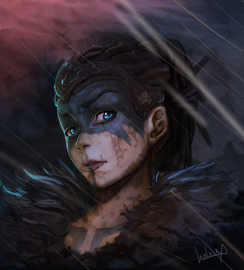 1girl, blood, celtic, facepaint, fur_collar, fur_trim, hair_pulled_back, headdress, hellblade, highres, painttool_sai_(medium), portrait, salaiix, senua, solo_focus, war_paint, warrior