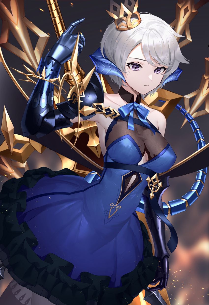 1girl, absurdres, arm_up, armor, bangs, black_legwear, blue_dress, blue_horns