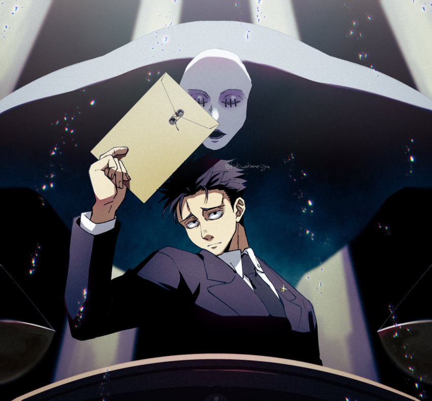 1boy, badge, black_eyes, black_hair, black_jacket, black_neckwear, black_suit, collared_shirt