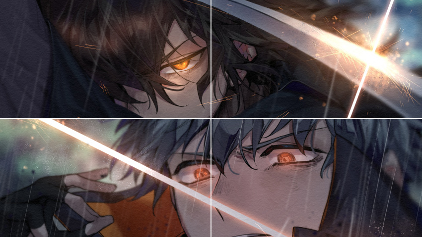 2boys, black_gloves, black_hair, blurry, check_copyright, close-up, commentary_request, copyright_request