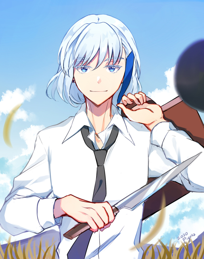 1boy, bangs, black_necktie, blue_eyes, blue_hair, blue_sky, briefcase, closed_mouth, grass, highres, holding, holding_briefcase, holding_knife, khun_aguero_agnis, knife, looking_at_viewer, medium_hair, necktie, outdoors, piyuka_piyo, polo_shirt, shirt, sky, smile, solo, tower_of_god, white_shirt