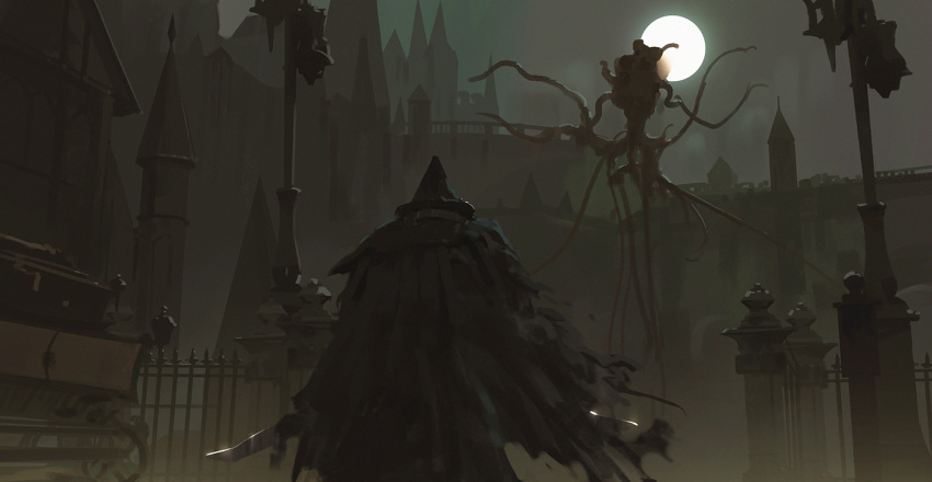 1other, bloodborne, cape, cityscape, cloak, creature, fantasy, full_moon