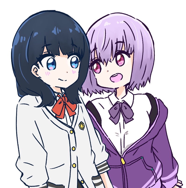 2girls, :d, bangs, black_hair, blue_eyes, blush, bow, cardigan