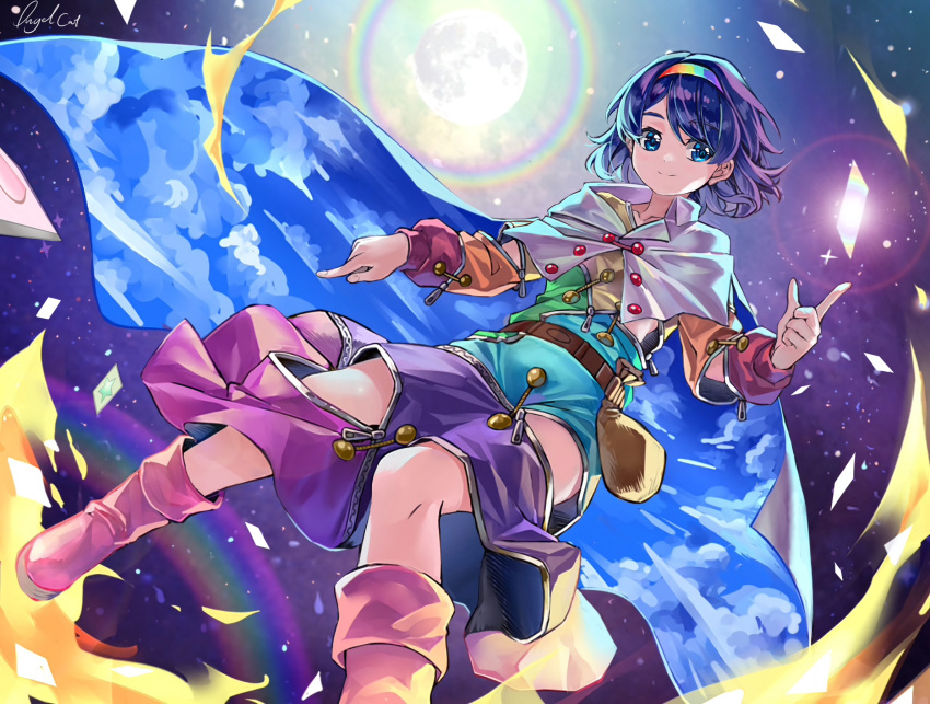 1girl, bag, bangs, belt, blue_eyes, boots, cape, card, closed_mouth, collarbone, commentary_request, dress, eyebrows_visible_through_hair, feimao_(angelcat), flat_chest, foot_out_of_frame, from_below, full_moon, hair_between_eyes, hairband, highres, light_blush, light_smile, looking_to_the_side, moon, multicolored_clothes, multicolored_dress, night, night_sky, pink_footwear, pointing, pointing_down, pointing_up, purple_hair, rainbow, rainbow_gradient, short_hair, signature, silver_trim, sky, solo, star_(sky), swept_bangs, tenkyuu_chimata, touhou, unconnected_marketeers, white_cape, zipper