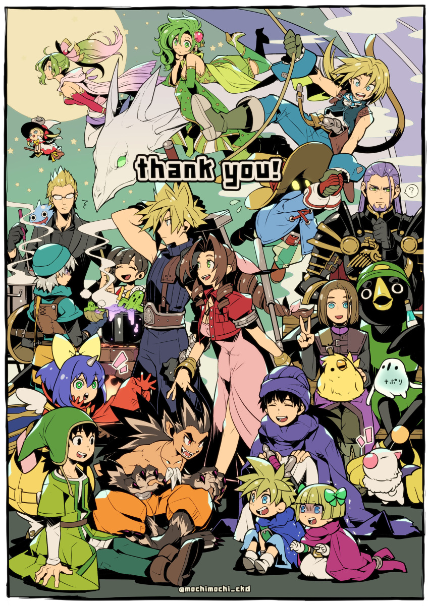 absurdres, aerith_gainsborough, armor, bird, black_armor, black_hair, blonde_hair, blue_eyes, broom, broom_riding, brown_hair, child, closed_eyes, cloud_strife, confused, cooking, dragon, dragon_quest, dragon_quest_v, dragon_quest_vii, dragon_quest_xi, dress, eiko_carol, final_fantasy, final_fantasy_ix, final_fantasy_vii, final_fantasy_vii_remake, final_fantasy_xv, furry, furry_male, green_dress, green_eyes, green_hair, group_picture, happy, hat, highres, hood, hoodie, ignis_scientia, mochimochi_ckd, moogle, multiple_boys, multiple_girls, pot, purple_hair, riding, rope, smile, square_enix, swinging, talking, v, vivi_ornitier, witch, witch_hat, zidane_tribal