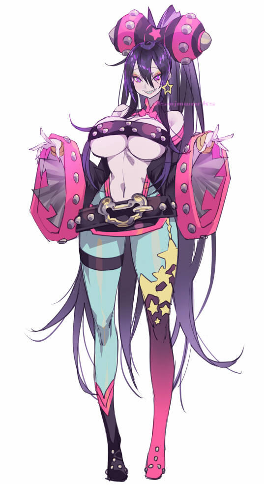 1girl, bangs, belt, black_belt, black_hair, boots, breasts, detached_sleeves