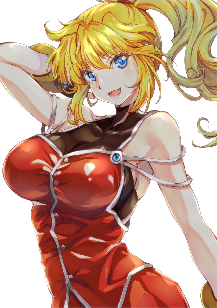 1girl, arm_behind_head, bangs, blonde_hair, blue_eyes, blush, collarbone, excellen_browning