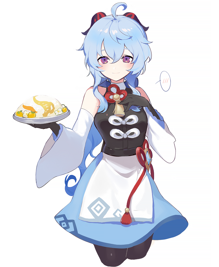 ahoge, apron, bangs, bare_shoulders, black_gloves, black_legwear, blue_hair, blue_skirt