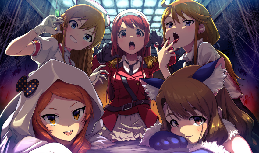 5girls, animal_ears, belt, black_gloves, blood, blue_eyes, bow, brown_eyes