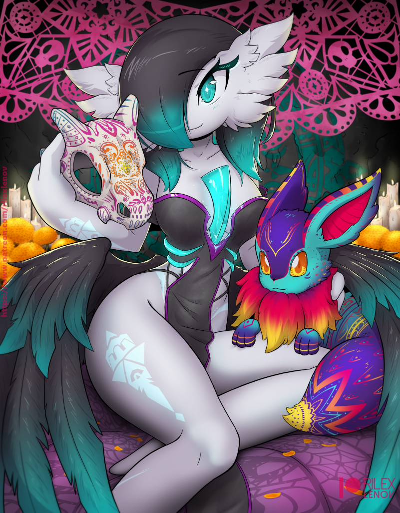 1girl, alebrije, alternate_color, alternate_shiny_pokemon, arm_tattoo, artist_name, bangs, barefoot, black_dress, black_hair, black_wings, blue_eyes, blue_hair, bodypaint, breasts, candle, closed_mouth, collarbone, colored_skin, commentary, cubone, dia_de_muertos, dress, eevee, english_commentary, eyebrows_visible_through_hair, eyelashes, feathered_wings, fire, gardevoir, glowing, glowing_tattoo, gradient_hair, hair_over_one_eye, happy, headpat, holding, holding_skull, indoors, leg_tattoo, low_wings, medium_breasts, multicolored_hair, mushroom, no_panties, one_eye_covered, orange_eyes, paper, patreon_username, pelvic_curtain, pokemon, pokemon_(creature), rilex_lenov, short_hair, sitting, skull, smile, solo_focus, tattoo, thick_thighs, thighs, two-tone_hair, watermark, web_address, white_skin, wide_hips, wings