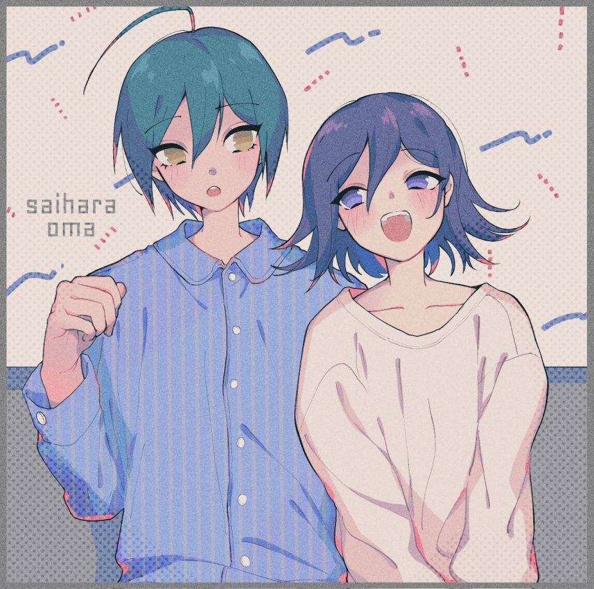 2boys, :o, alternate_costume, bangs, blue_shirt, blush, brown_eyes, character_name, collarbone, collared_shirt, danganronpa_(series), danganronpa_v3:_killing_harmony, eyebrows_visible_through_hair, green_hair, grey_background, hair_between_eyes, hand_up, long_sleeves, looking_at_another, luna_11777, male_focus, multiple_boys, ouma_kokichi, pajamas, polka_dot, polka_dot_background, purple_hair, saihara_shuuichi, shiny, shiny_hair, shirt, short_hair, smile, striped, striped_shirt, sweater, teeth, upper_teeth, violet_eyes