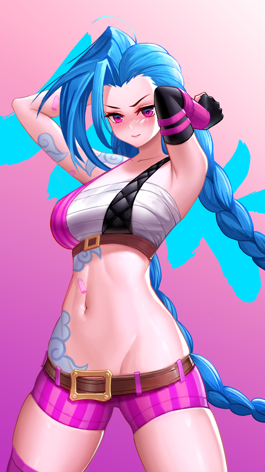 1girl, absurdres, arm_tattoo, bangs, black_bra, black_gloves, blue_hair, blush