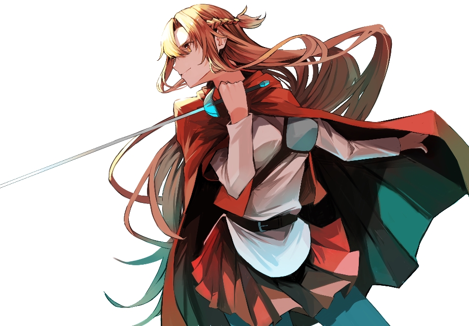1girl, asuna_(sao), bangs, belt, black_belt, braid, breasts, brown_eyes