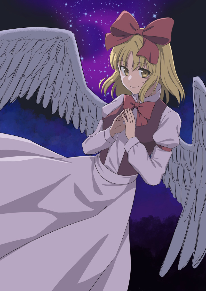 1girl, angel_wings, blonde_hair, bow, bowtie, breasts, brown_vest, feathered_wings