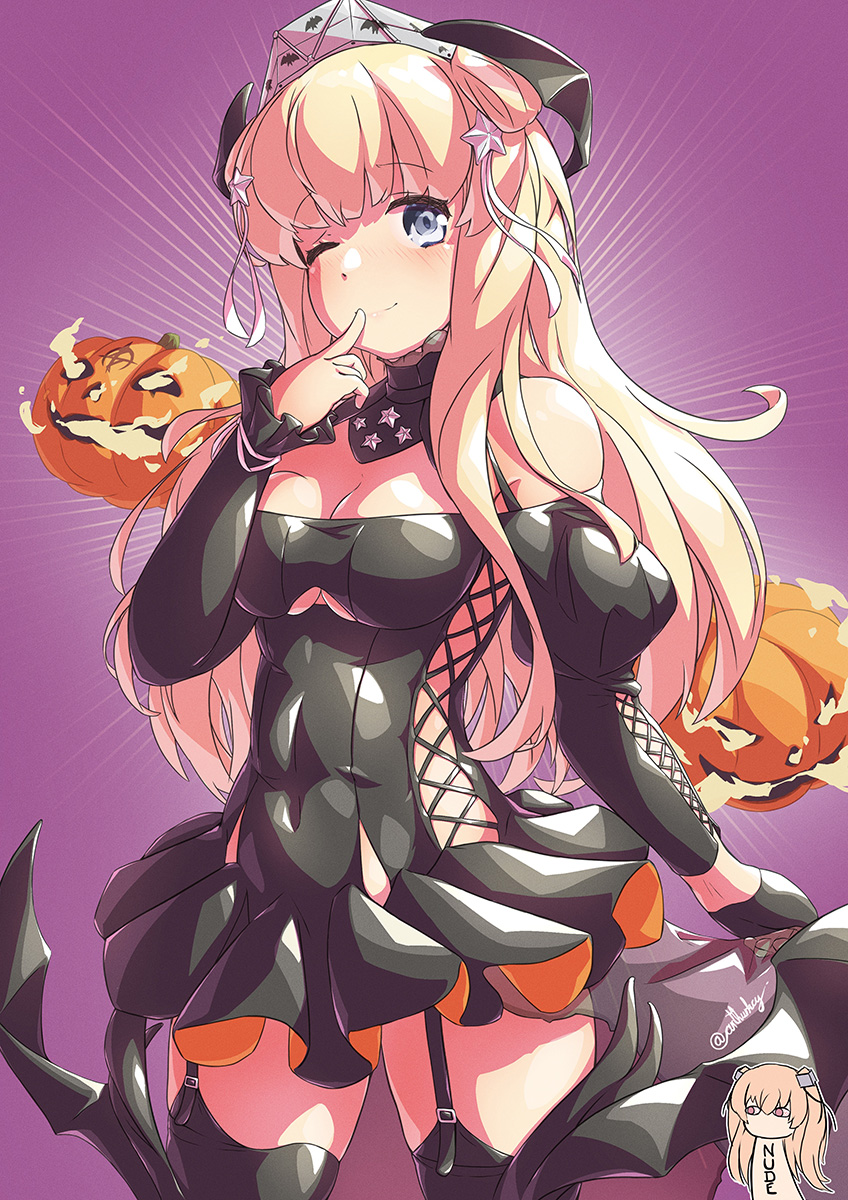 2girls, arthur_ko, black_dress, black_gloves, black_legwear, blonde_hair, blue_eyes, breasts, cosplay, covered_navel, double_bun, dress, fletcher_(kancolle), gloves, hair_ornament, halloween_costume, highres, jack-o'-lantern, johnston_(kancolle), johnston_(kancolle)_(cosplay), kantai_collection, long_hair, medium_breasts, multiple_girls, one_eye_closed, short_dress, single_glove, solo_focus, star_(symbol), star_hair_ornament, thigh-highs, vampire_costume