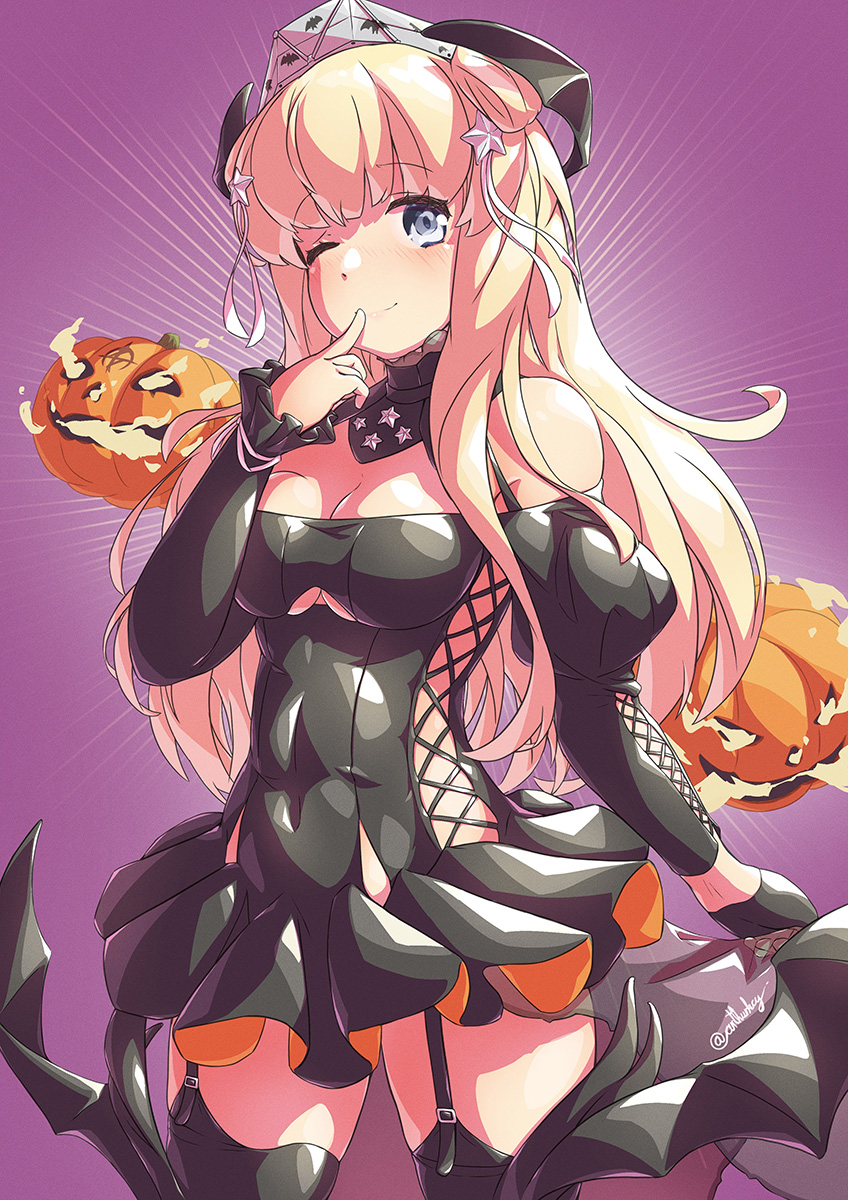 1girl, arthur_ko, black_dress, black_gloves, black_legwear, blonde_hair, blue_eyes, breasts