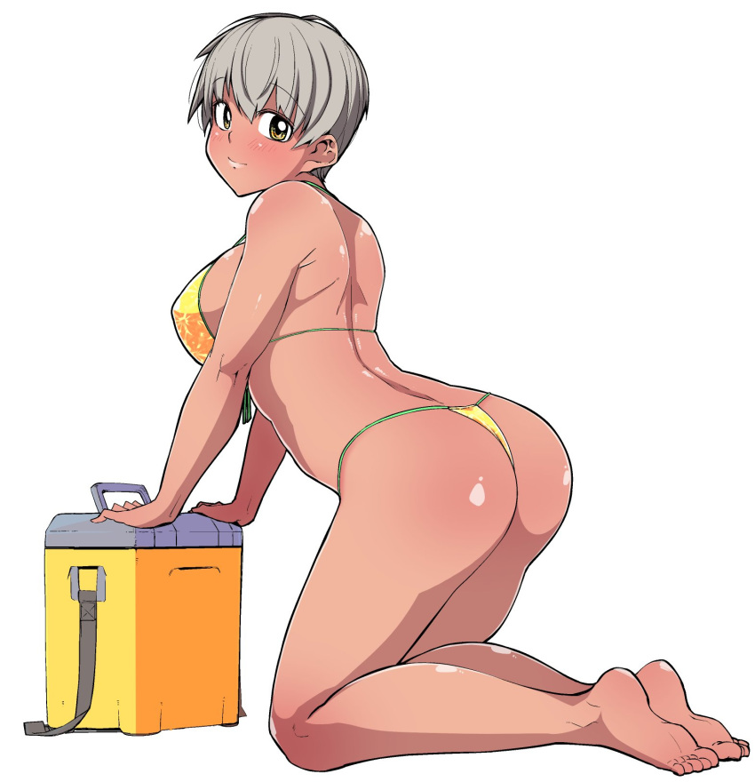 1girl, ass, barefoot, bikini, blush, breasts, closed_mouth, cooler, copyright_request, feet, from_side, grey_hair, highres, kneeling, large_breasts, looking_at_viewer, looking_to_the_side, miitoban, short_hair, simple_background, smile, soles, solo, swimsuit, thong_bikini, toes, white_background, yellow_bikini, yellow_eyes