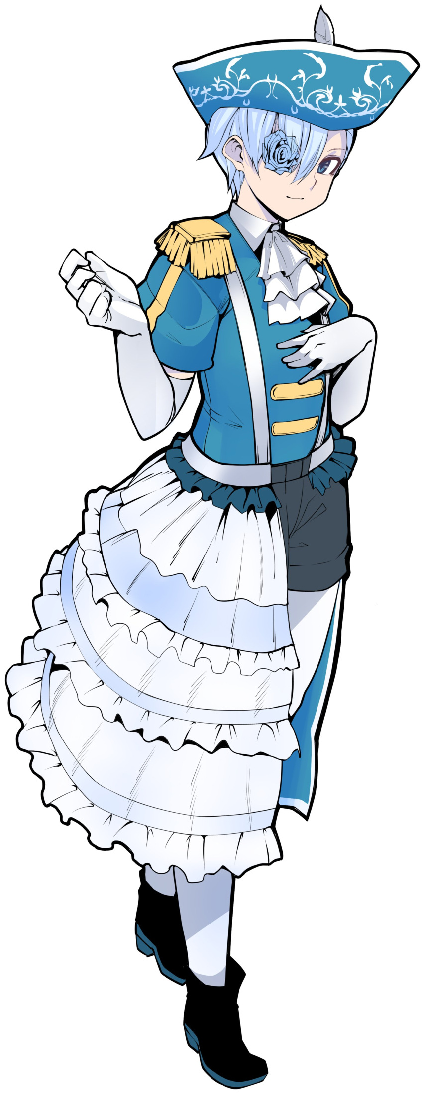 1girl, absurdres, ascot, black_footwear, blue_hair, blue_headwear, blue_shirt, boots