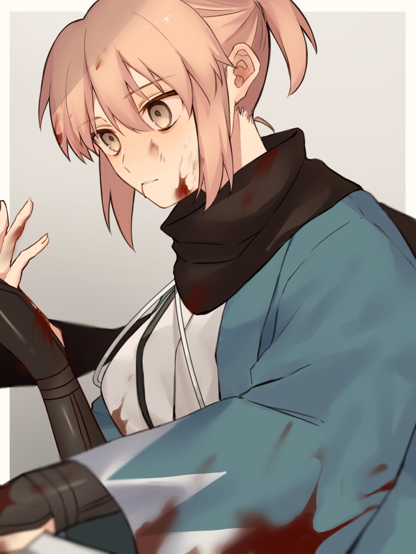 1girl, alternate_hairstyle, bangs, black_gloves, black_scarf, blonde_hair, blood, blood_from_mouth