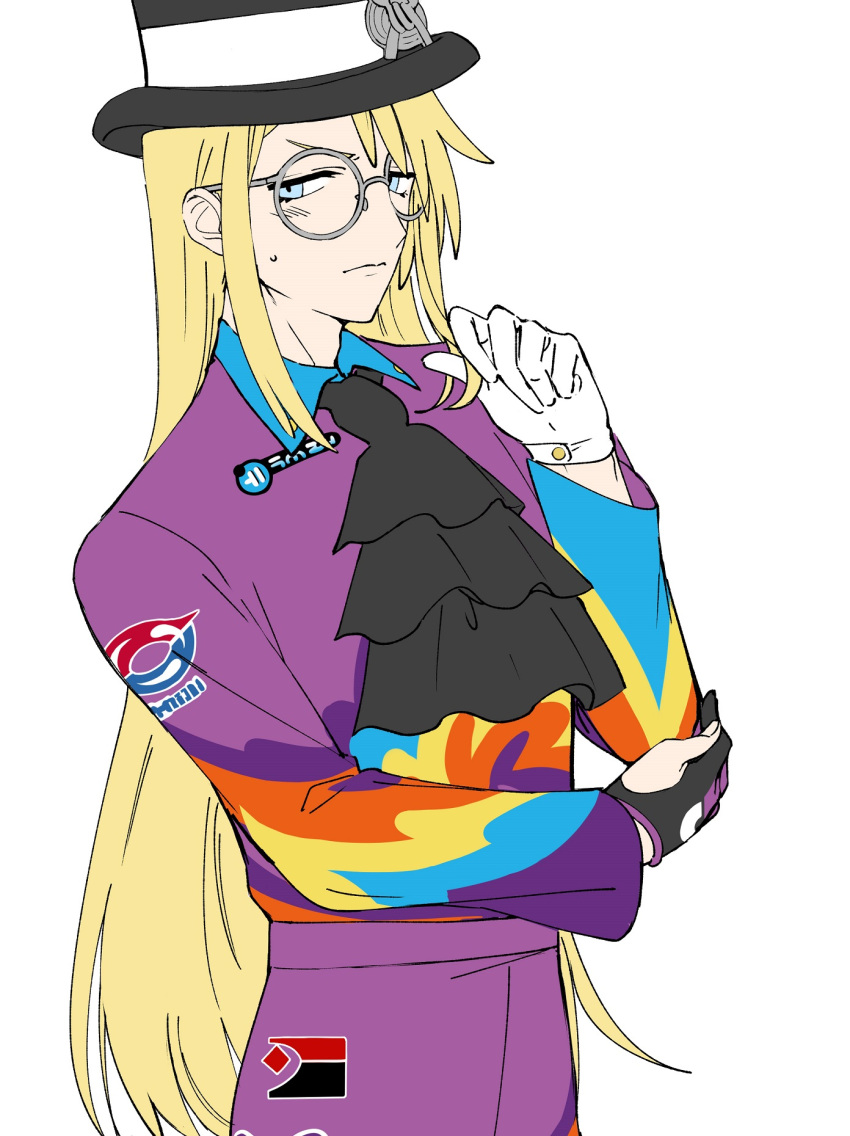 1boy, ascot, asymmetrical_gloves, avery_(pokemon), bangs, black_jabot, black_neckwear, blonde_hair