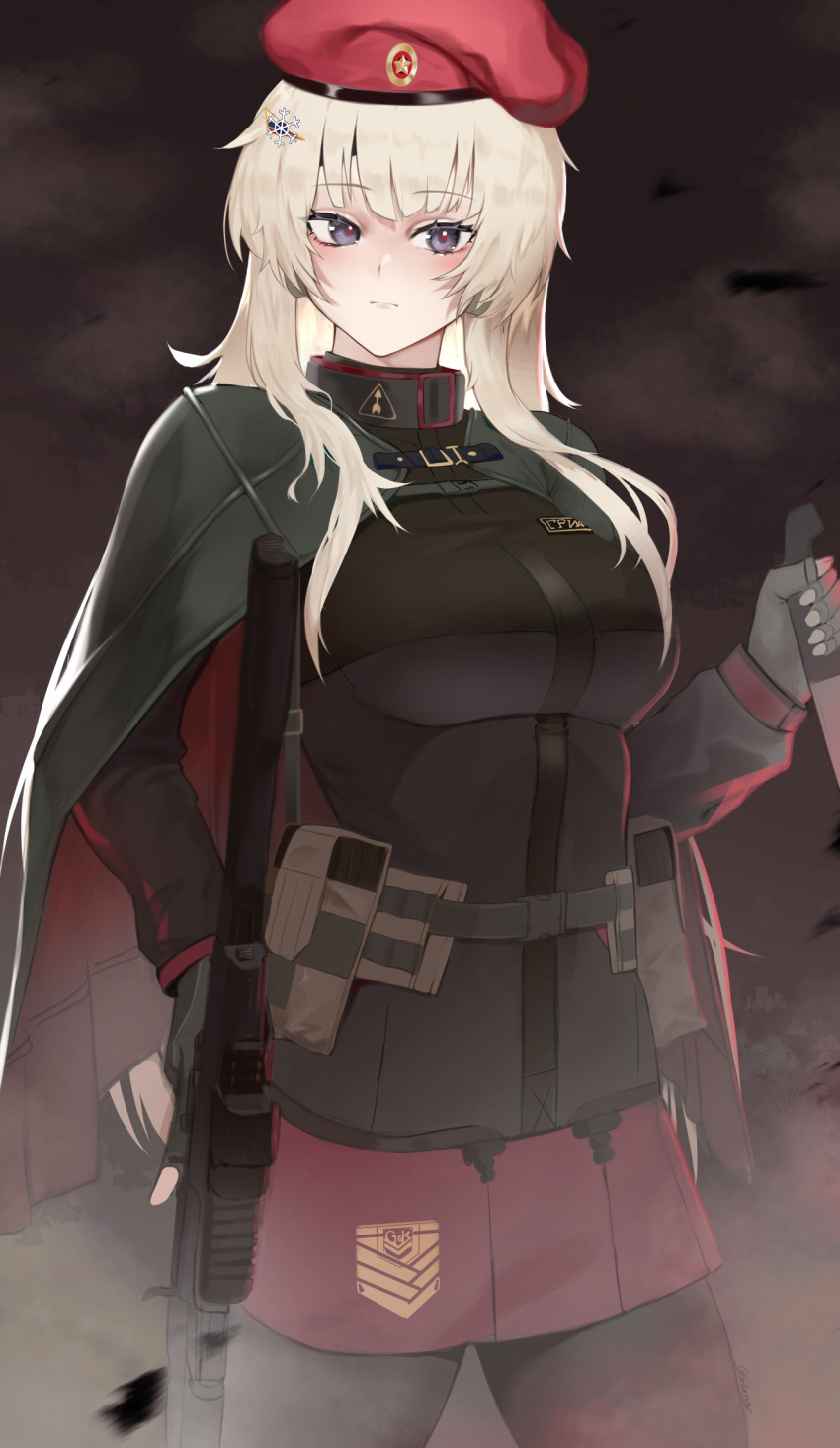 1girl, ak-74m, ak74m_(girls'_frontline), ammunition_belt, assault_rifle, beret, black_gloves, black_legwear