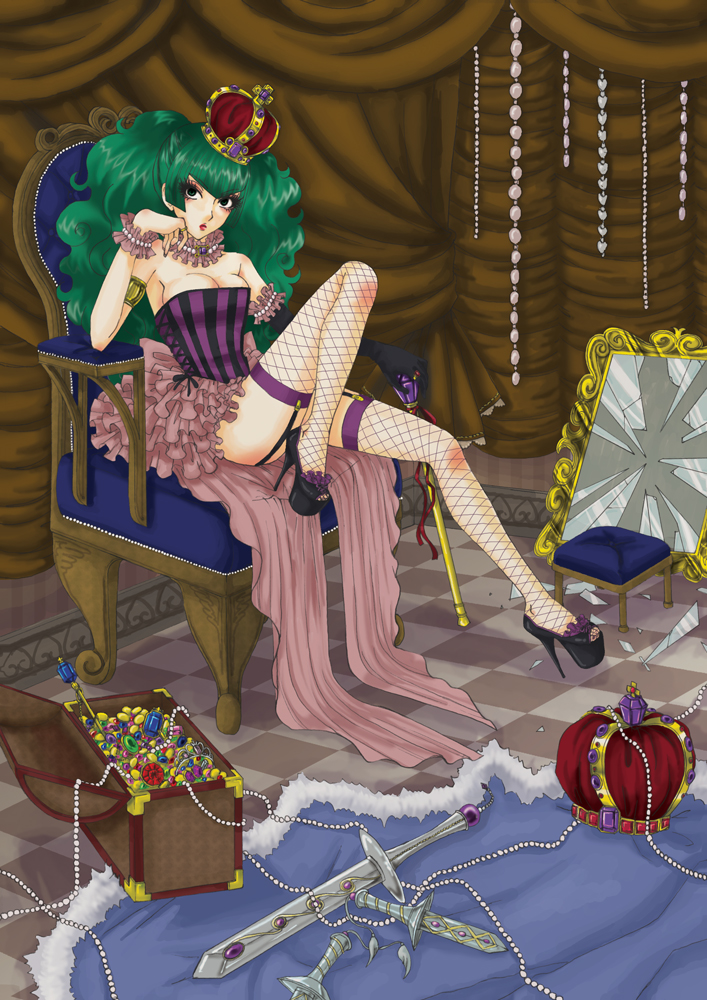 asymmetrical_clothing, bare_shoulders, breasts, broken_mirror, checkered_floor, choker, cleavage, coin, crown, dagger, elbow_gloves, fishnet_stockings, fishnets, garter_belt, gem, gloves, green_eyes, green_hair, high_heels, long_hair, mirror, original, pearl, sakurazawa_mana, scepter, shoes, sitting, striped, sword, thigh-highs, throne, treasure_chest, weapon, wrist_cuffs