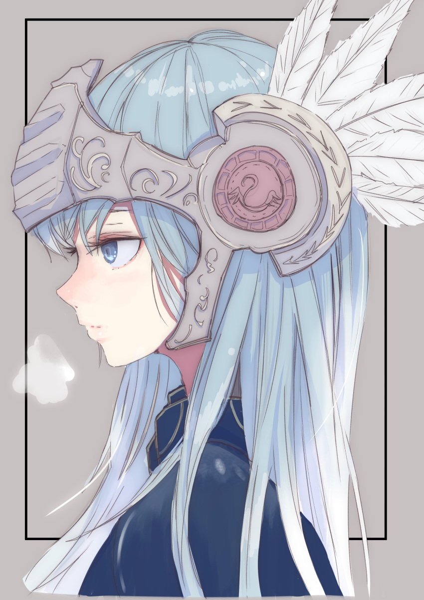 1girl, absurdres, blue_eyes, feathers, helmet, highres, long_hair, looking_to_the_side