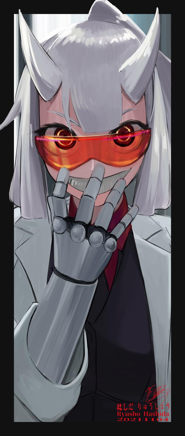 1girl, artist_name, bangs, black_border, black_necktie, black_vest, border, english_commentary