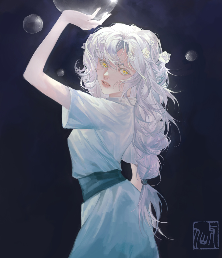 1girl, absurdres, arm_support, belt, black_background, braid, cowboy_shot, daydream_forester