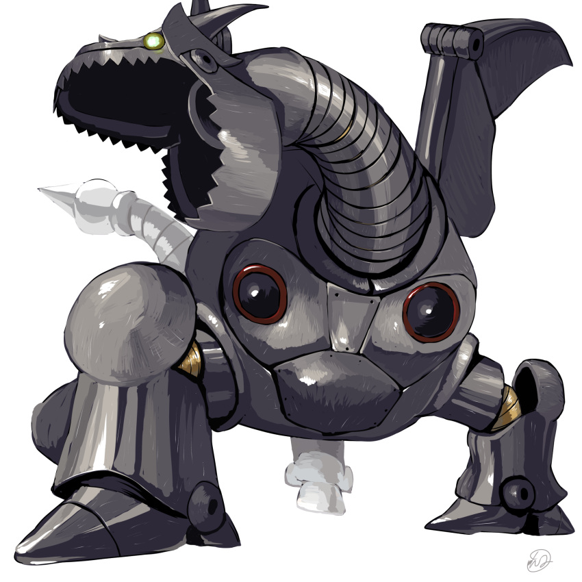 dragon_quest, glowing, glowing_eye, green_eyes, highres, mechanical_dragon, metal_dragon, metal_wings