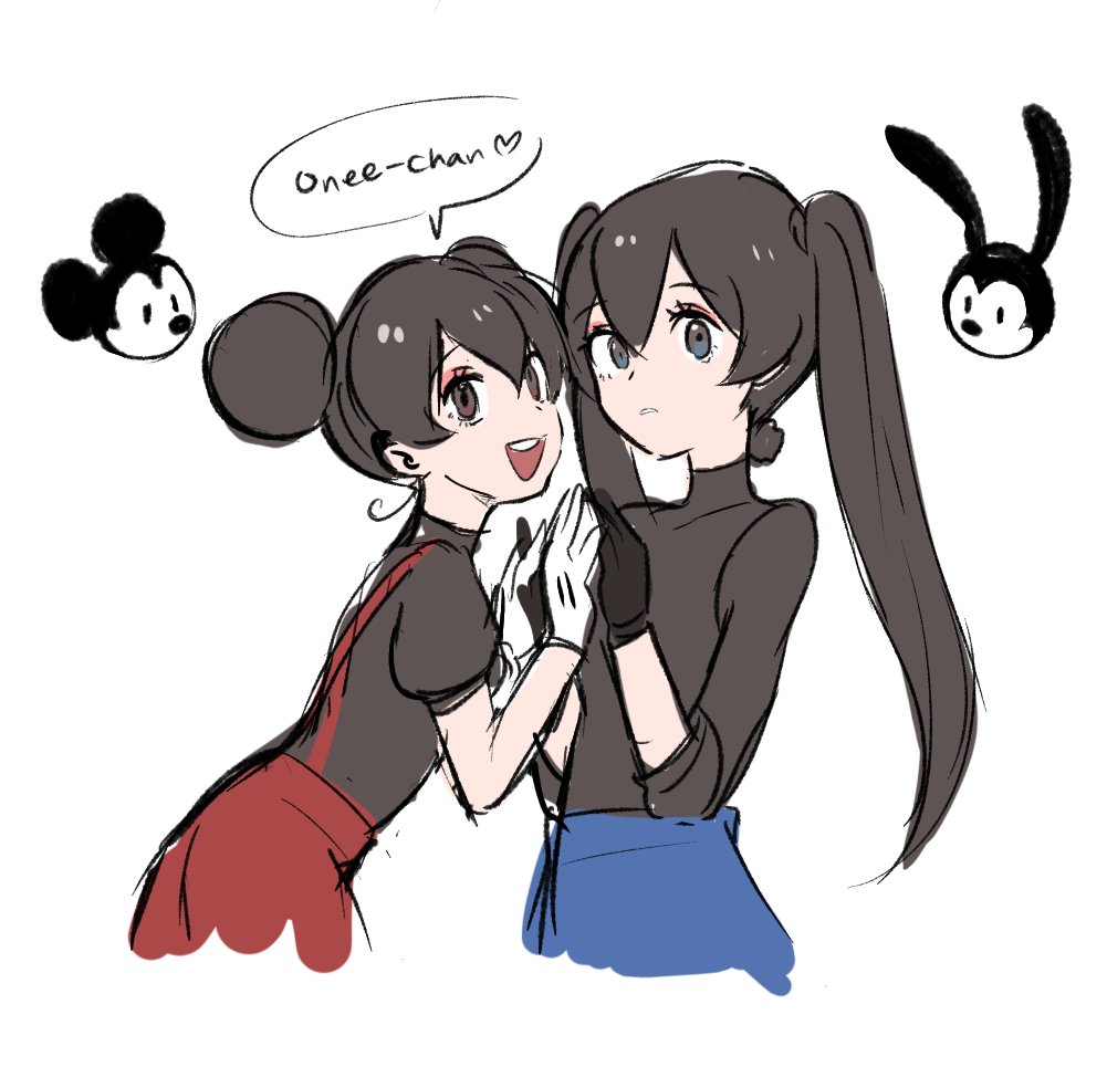 2boys, 2girls, blue_eyes, brown_eyes, disney, double_bun, english_text, epic_mickey