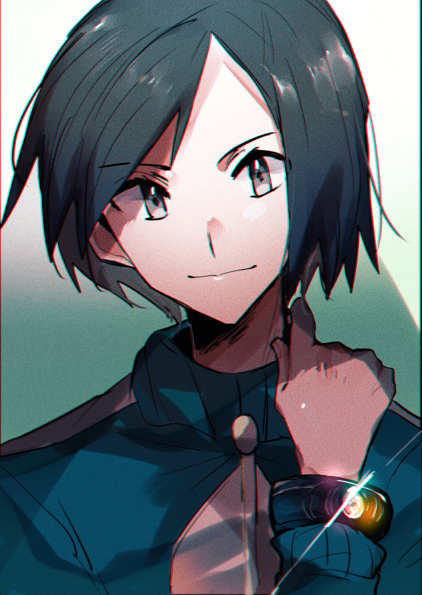 1boy, bangs, black_hair, blue_jacket, bracelet, calem_(pokemon), closed_mouth, commentary_request, glint, grey_eyes, hand_up, highres, jacket, jewelry, long_sleeves, looking_at_viewer, male_focus, midori_(032_pokemon), pokemon, pokemon_(game), pokemon_xy, short_hair, smile, solo, turtleneck, turtleneck_jacket, upper_body