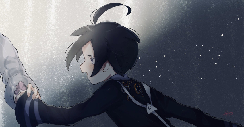 1boy, 1other, ahoge, allister_(pokemon), black_hair, black_shirt, blush, commentary_request