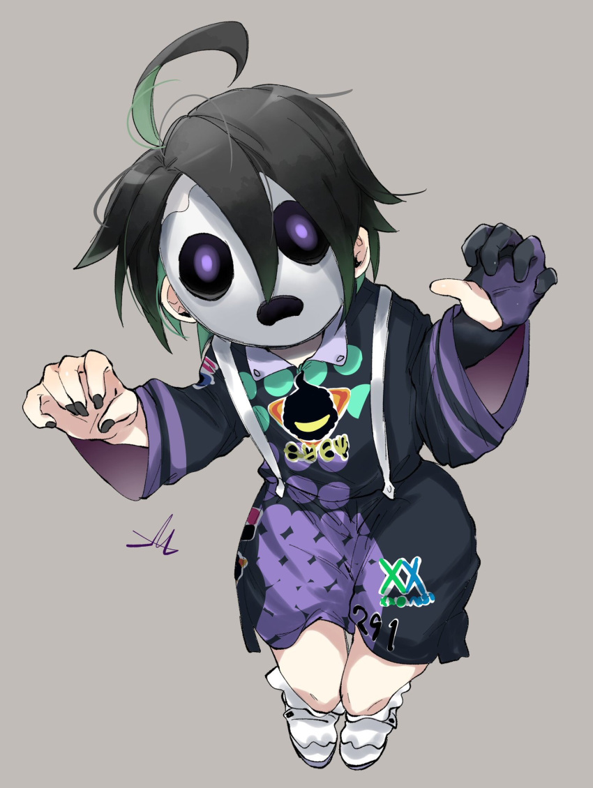 1boy, ahoge, allister_(pokemon), bangs, black_hair, collared_shirt, commentary, full_body, gloves, grey_background, hair_between_eyes, hands_up, highres, knees, long_sleeves, looking_at_viewer, male_focus, mask, midori_(032_pokemon), partially_fingerless_gloves, pokemon, pokemon_(game), pokemon_swsh, shirt, shoes, short_hair, shorts, signature, single_glove, solo, suspender_shorts, suspenders, violet_eyes, white_footwear