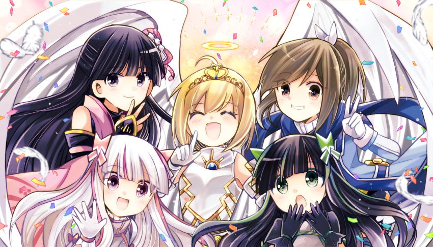 5girls, :d, :o, ^_^, ahoge, angel_wings, armor, bangs