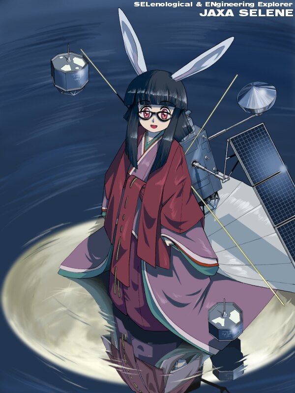 black_hair, bunny_ears, flak_(artist), glasses, japanese_clothes, kimono, mecha_musume, moon