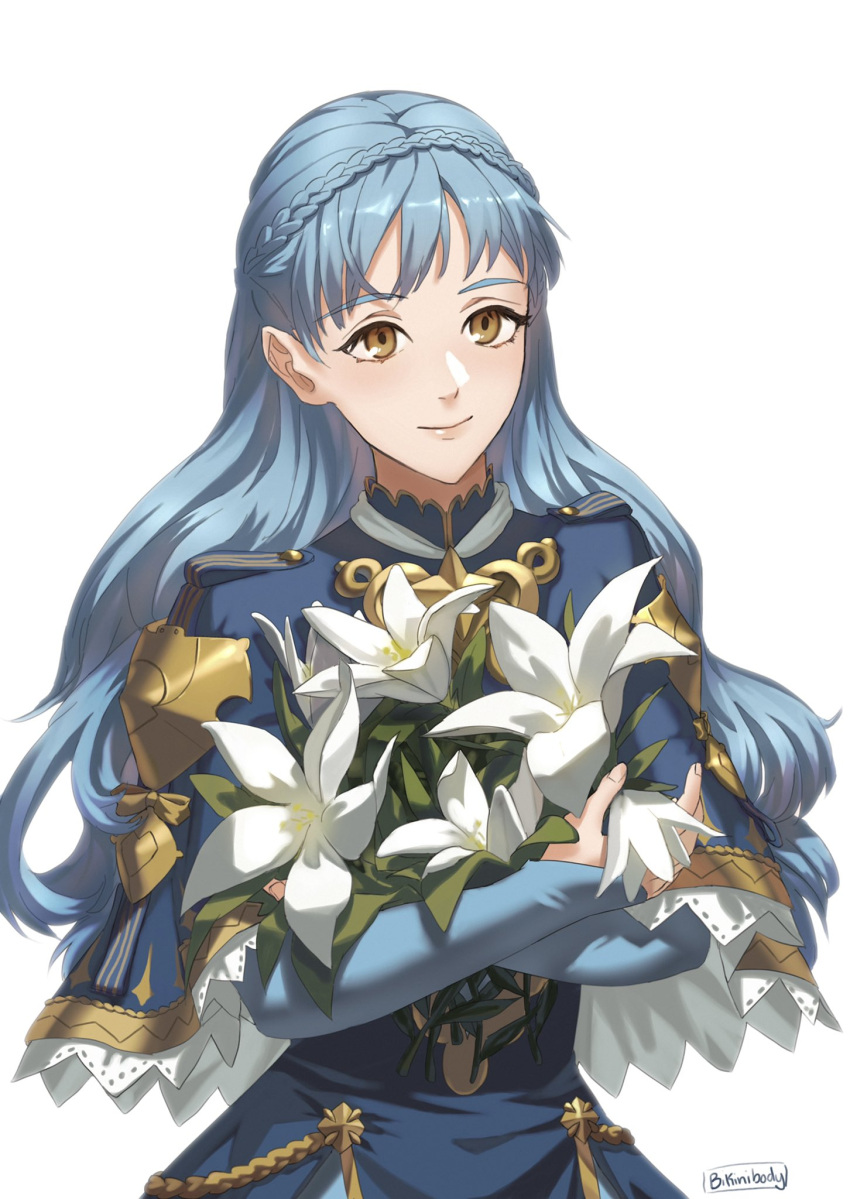 1girl, alternate_hairstyle, bangs, bikini_boody, blue_hair, bouquet, braid, brown_eyes