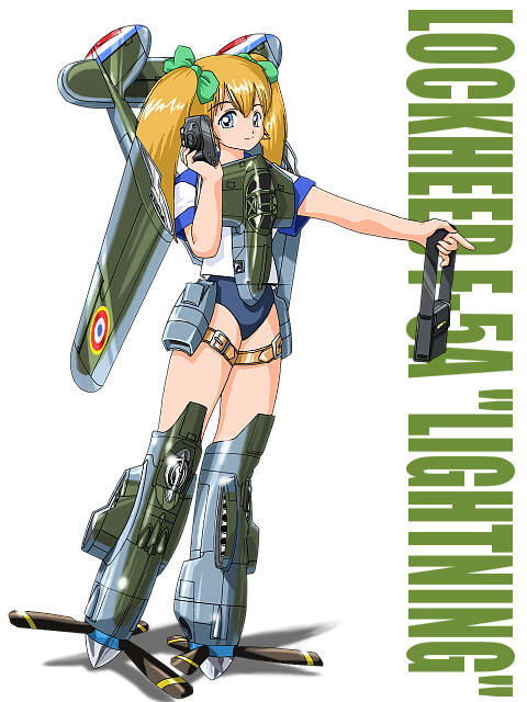 airplane, blonde_hair, flak_(artist), mecha_musume, military, p-38_lightning, propeller, ribbon