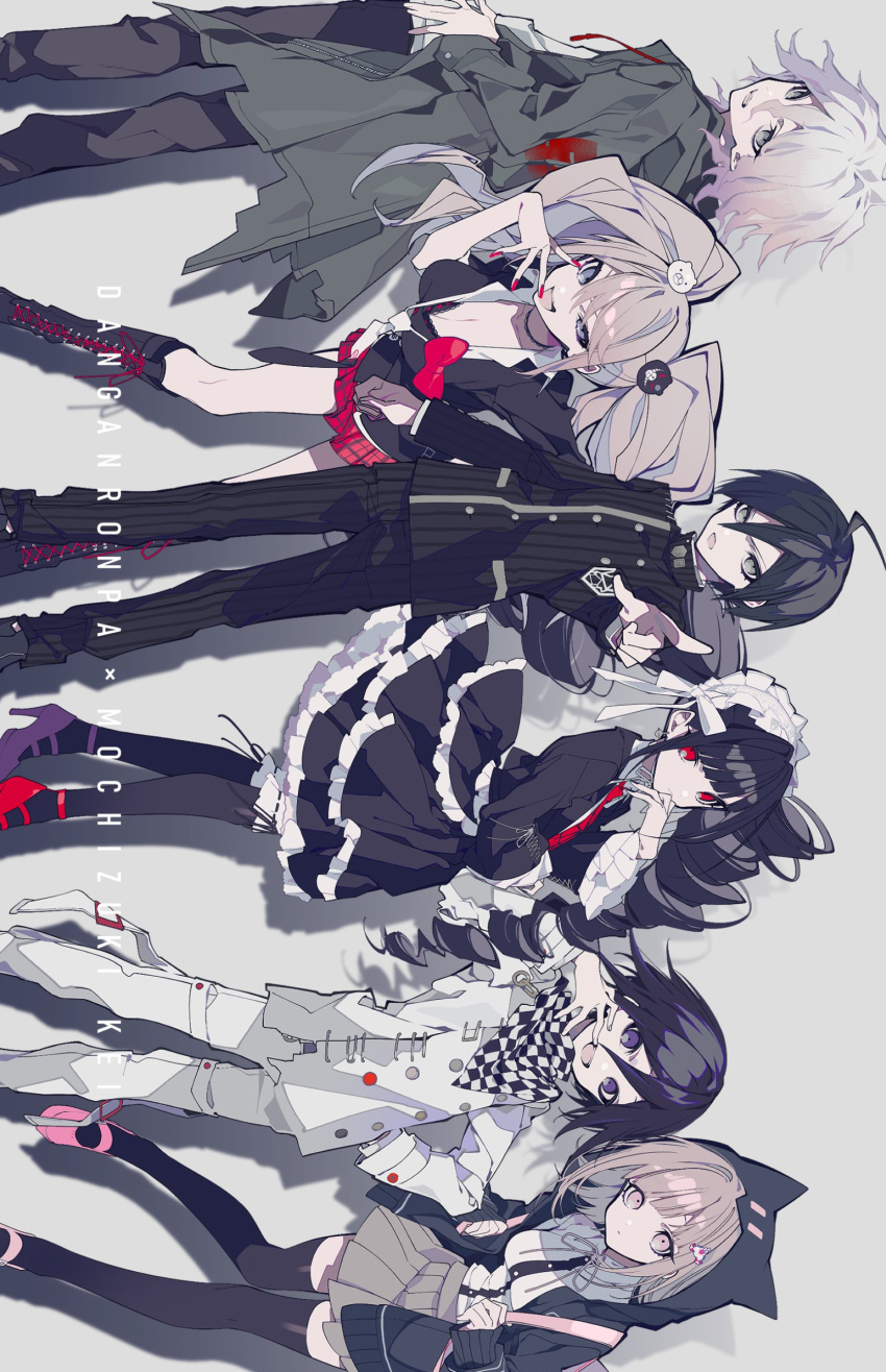 3boys, 3girls, ahoge, black_hair, black_jacket, black_pants, bonnet, card